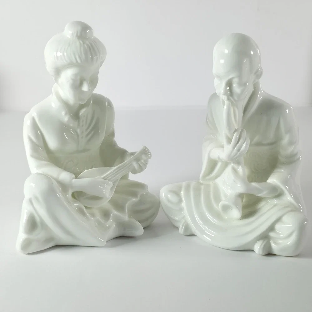 Vintage Asian Figurines Pair Musician Porcelain White Bone China Taiwan Decor - Picture 7 of 8